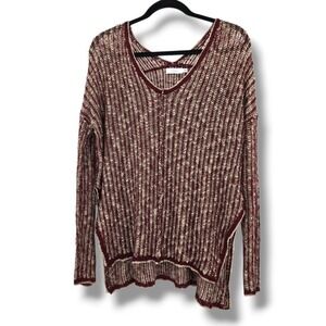 Lush Women's Burgundy Cream Open Knit V Neck Long Sleeve High Low Sweater Size S